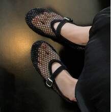 Sepatu Mary Jane Datar Jala Berongga untuk Wanita, Bernapas, Tidak Pengap, Gaya Musim Panas Terbaru, Dihiasi Rhinestone, Sepatu Balet dengan Satu Tali, Sandal Tertutup, Sepatu Jala - Hitam - View 1