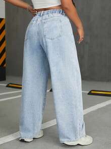 Light Color Plus Size Straight Leg Wide Leg Women's Jeans, Solid Color Denim Fabric Pocket Straight Leg Wide Leg Jeans, Holiday Campus Home All Seasons - Light Blue - View 5