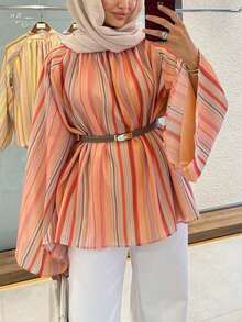 New (No Belt) Women's Striped Colorblock Raglan Top For Beach, Vacation, Daily Wear, All Seasons - Orange - View 4