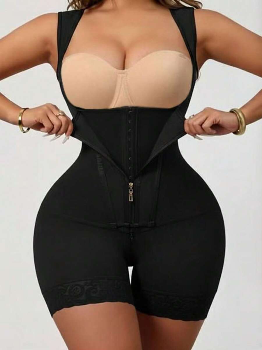 1pc Sports Style Waist Cincher Shaping Elastic Bodysuit With Drawstring And Zipper, For Tightening Waist And Abdomen, Shaping Body - Black - View 1