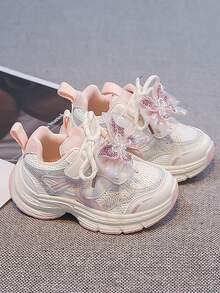 1 Pair Girls' Mesh Breathable Chunky Sneakers With Rhinestone Butterfly Decor, Thick Sole, Soft Bottom, Anti-Slip, Fashion Casual Sports Shoes - Pink - View 2