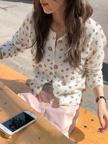 Autumn New Korean Style Gentle Ditsy Floral Cardigan Women's Round Neck Button Knit Top - White - View 4