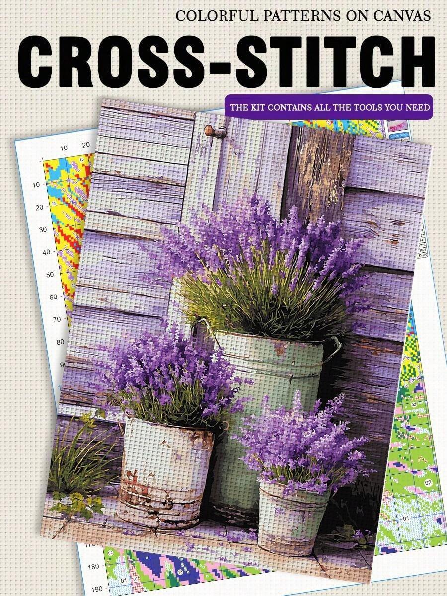 11/14/16CT Printed Cross Stitch Kit. Purple Lavender. Relaxing DIY For Adult Beginners. Includes Cloth, Needles, Threads & Chart. Handmade Wall Art Decor Gift. 30x40cm/11.8x15.7in.