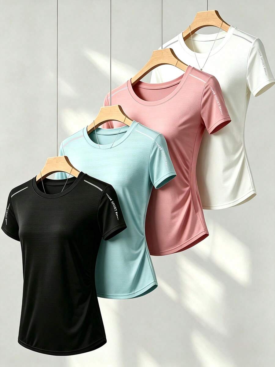 Women's Multi-Color Quick-Dry Short Sleeve Sports T-Shirt, Round Neck, Reflective Shoulder Lines, Versatile Loose Solid Color Athletic Top Summer - Multicolor - View 1