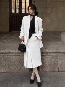 Set Blazer Lengan Panjang Wanita Warna Polos Musim Gugur/Dingin, Berlapisan, Berbantalan Bahu, Ukuran Besar, Bahu Lebar, Kancing Tunggal, dan Lipatan Manset & Rok Lipit Lurus Panjang Sedang - Putih - View 5