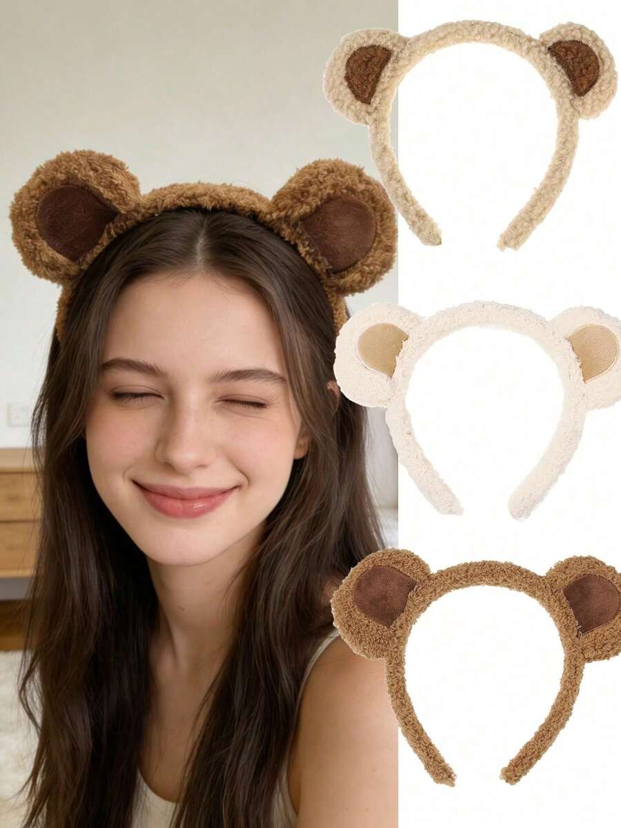 1pc Cute Brown Bear Ear Soft Plush Headband, Fluffy Animal Ear Makeup Home Hair Accessory - Multicolor - View 1