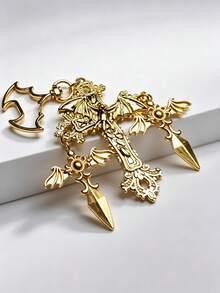 Gothic Vintage Carved Cross & Bat Metal Keychain, Unique Bat Lobster Clasp Bag Charm Pendant, Y2K Street Fashion Accessory, Unisex Gift - Multicolor - View 5