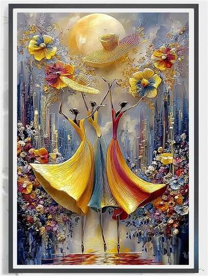 1pc Diamond Painting Kit, Abstract Art Figure Diamond Painting, Round Full Drill, Living Room Entrance Decor Large Size Full Drill Sticker, Luxury Atmosphere Dancing Lady Floral Wall Art