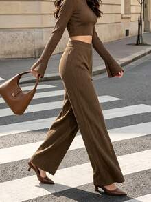 Women Fall Pleated Wide Leg Pants, High Elastic Waist Side Pockets Textured Knit Loose Straight Trousers - Coffee Brown - View 9
