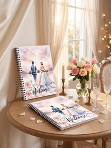 1pc Custom Photo And Text Spiral Notebook, Watercolor Bride And Groom Sunset Pattern Wedding Guest Book, Custom Couple Welcome Hardcover Journal, Romantic Keepsake Memory Book For Wedding Engagement Bridal Shower Gift - Multicolor - View 2