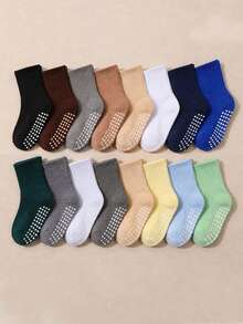 10 Pairs Random Solid Color Ribbed Mid-Calf Non-Slip Socks For Infants, Multiple Bright Colors, Knee-High Mid-Calf Floor Socks With Soft Elastic Non-Slip Strips On Bottom, Breathable Fabric, Suitable For Toddlers And Children's Daily Indoor Wear - Multicolor - View 3