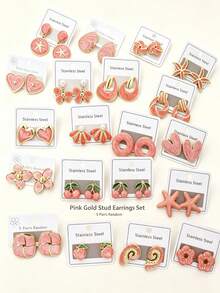 Assorted Random Styles, Cute Pink Enamel Stud Earrings Set, 5 Pairs/10 Pairs Random Sweet Heart, Flower, Star, Cherry Dangle Earrings, Hypoallergenic Stainless Steel Ear Pendant Jewelry, Women & Girls Daily, Vacation, Party Accessories - Pink - View 11