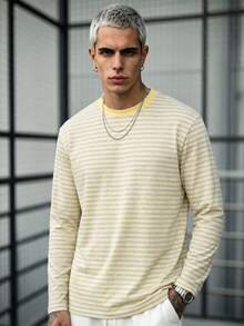 Simple Studio | Men's Casual Striped Digital Print Versatile Crew Neck Long Sleeve T-Shirt - Yellow - View 1