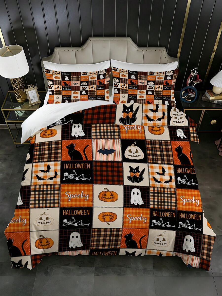 3pcs Watercolor Pumpkin Maple Leaf Duvet Cover Set (1*Duvet Cover + 2*Pillowcase, Without Core), Autumn Maple Leaves Small Berries Seasonal Design, Rustic Thanksgiving Farmhouse Bed Set, Suitable For Hotel, Bedroom, Guest Room And Dormitory - Multicolor - View 1