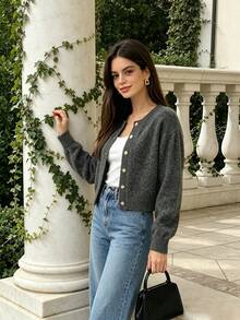 Women's Solid Color Round Neck Single-Breasted Metal Button Ribbed Long Sleeve Loose Casual Cardigan - Daily Casual Wear - Dark Grey - View 5