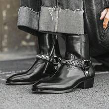 Men's High Heel Chelsea Boots With Double Elastic And Side Zipper - Black - View 3