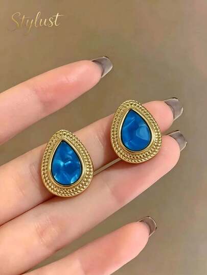 1 Pair Blue Geometric Pattern Earrings, Suitable For Women's Daily Wear, Dating, Holiday, Gift, Banquet Jewelry Matching