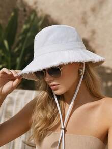 1pc Unisex Frayed Edge Wide Brim Bucket Hat With Adjustable Chin Strap, Solid Color Windproof Sun Hat For Beach Outdoor Travel - Multicolor - View 5