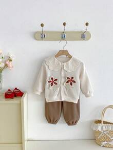 Miniweenns 2pcs/Set Baju Bayi Perempuan Musim Semi/Musim Gugur Rajut Kasual Motif Wafel Warna Kontras Kerah Renda Dekorasi Bunga 3D + Celana Panjang Manset - MultiWarna - View 4