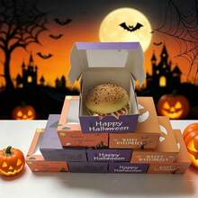 5 hộp bánh giấy cửa sổ trong suốt 4x4x2.5 inch, hộp quà Halloween phong cách tối vui nhộn in hình dơi và bí ngô, hộp giấy vuông nắp lật cho bánh mini, donut, cookie và tráng miệng tiệc - Nhiều màu - Xem 2