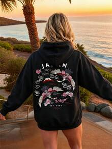 Women's Drawstring Pocket Hooded Sweatshirt, Butterfly & Letter Print On Back, Soft Fabric, Casual Loose Oversized Sweatshirt For Autumn - Black - View 3
