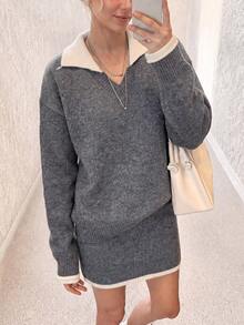 Women's Vintage Ribbed Knit Sweater Set, Contrast Color Collar And Hem, Winter Warm, Slightly Elastic Skirt Paired With V-Neck Top - Grey - View 3