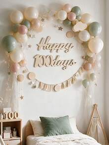 1組木製 Happy 100 Days 牆面字母裝飾牌，原木鏤空牆飾，寶寶百日慶祝 Baby Shower 背景掛飾用品 - 彩色 - 查看 4
