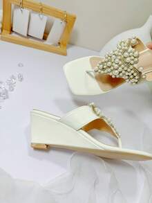 Beautiful Women's Wedge Sandals With Pearl Design Decor, Fairy Wedding Party Gathering - White - View 7
