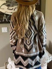 American Vintage Pattern Cardigan, Loose Fit Drop Shoulder Long Sleeve Knit Jacket - Khaki - View 5