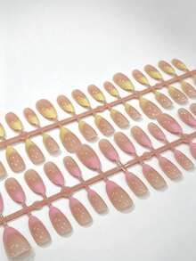 60pcs (2 Styles) Long Almond Shape Macaron Color Press-On Nail Stickers, Acrylic Fake Nails - Multicolor - View 9