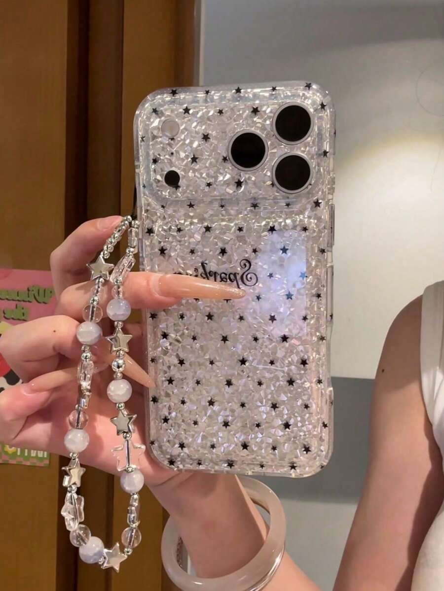 Ins Niche Vintage Glitter Star & Letter Phone Case Compatible With Apple 17 Pro Max, 16 Pro Max, 15, 18 Protective Cover - Silver - View 1