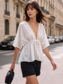 Women White Lace Trim V Neck Drawstring Waist Batwing Short Sleeve Blouse Casual Vacation Tops - White - View 7