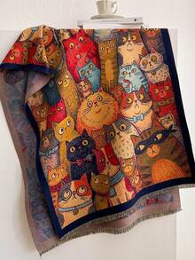 1pc Autumn/Winter New Youthful Cartoon Cat Pattern Faux Cashmere Jacquard Scarf For Women, Cute Soft Tassel Shawl, Warm Windproof Neck Warmer, Soft Skin-Friendly, Suitable For Holiday Gift Matching - Royal Blue - View 15