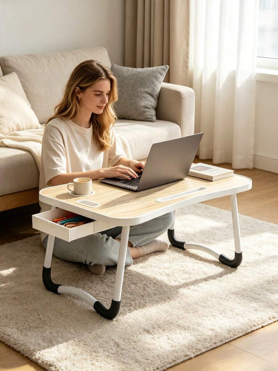 1pc Foldable Computer Desk With Built‑In Storage Drawer And Card Slot. Features Bendable Anti‑Slip Table Legs, Suitable For Multiple Scenarios Such As Beds, Sofas And Floors, Lightweight And Portable - Multicolor - View 1