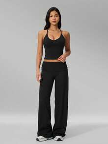 MFVIM Women's Versatile Yoga Casual Set, Tank Top + Wide Leg Pants, Suitable For Gym, Running, Pilates - Black - View 8