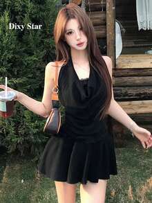 1pc Women's Sexy 2 In 1 Lace Dress, Halter Neck Black Summer Party Elegant - Black - View 2