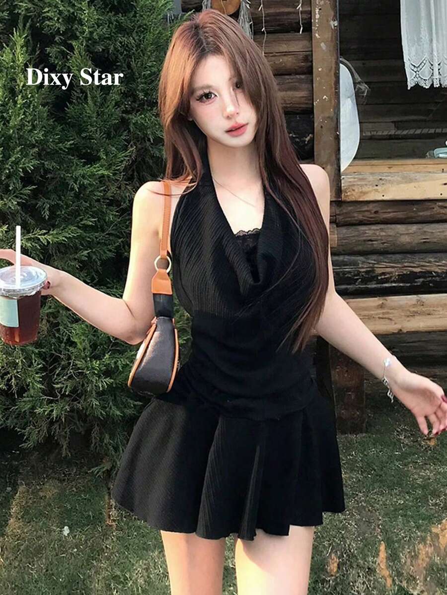 1pc Women's Sexy 2 In 1 Lace Dress, Halter Neck Black Summer Party Elegant