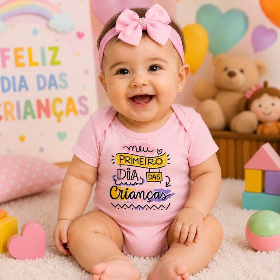 Body Bebê Menina Dia das Crianças 100% Algodão Rosa Colorido Festa 1° Dia das Crianças - rosa - Visão 1