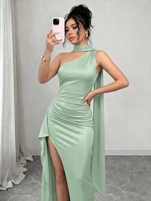 abyoxi Gaun Wanita Warna Hijau Mint dengan Leher Asimetris, Tali Bahu Panjang, Pita Pengikat Pinggang, Detail Kerutan Samping, dan Belahan Tinggi, Gaun Pas Badan, Warna Polos, Gaya Musim Panas Elegan dengan Belahan Hingga Paha - Mint Green - View 4