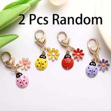 2 Pcs Assorted Colors Ladybug Flower Keychains, Zinc Alloy Enamel Bag Charms, Cute Insect‑Themed Pendants For Keys Backpack Decor - Multicolor - View 8