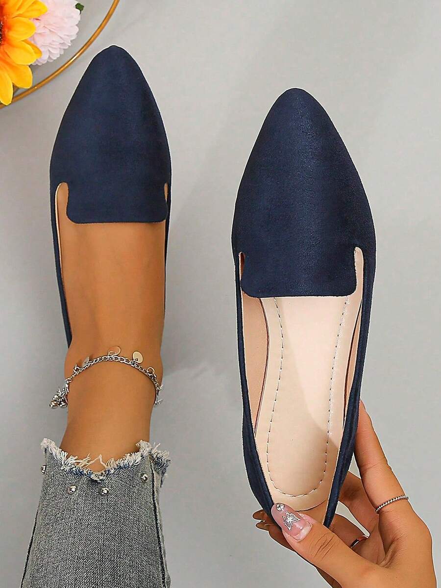 Wide Fit Pointed Toe Slip-On Women's Wide Foot Flat Shoes, Elegant Spring/Summer Daily Wear Commute Navy Blue Ballet Flats - Navy Blue - View 1