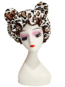 CONFLASS Leopard Print Bear Ear Satin Lined Sleep Cap, Cute Pink Bow Fleece Headband, Women's Curly Hair Protection Night Cap, Soft Plush Sleep Headband - Multicolor - View 12
