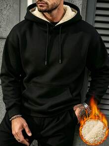 Men's Thermal Fleece Lined Sweatshirt, Solid Black Kangaroo Pocket Drawstring Hooded Sweatshirt, Casual Warm Oversized Pullover For Sports Daily Wear Fall - Black - View 2