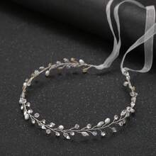 Bridal Wedding Handmade Pearl & Crystal Soft Chain Headband With White Tulle Ribbon Hair Accessory - White - View 7