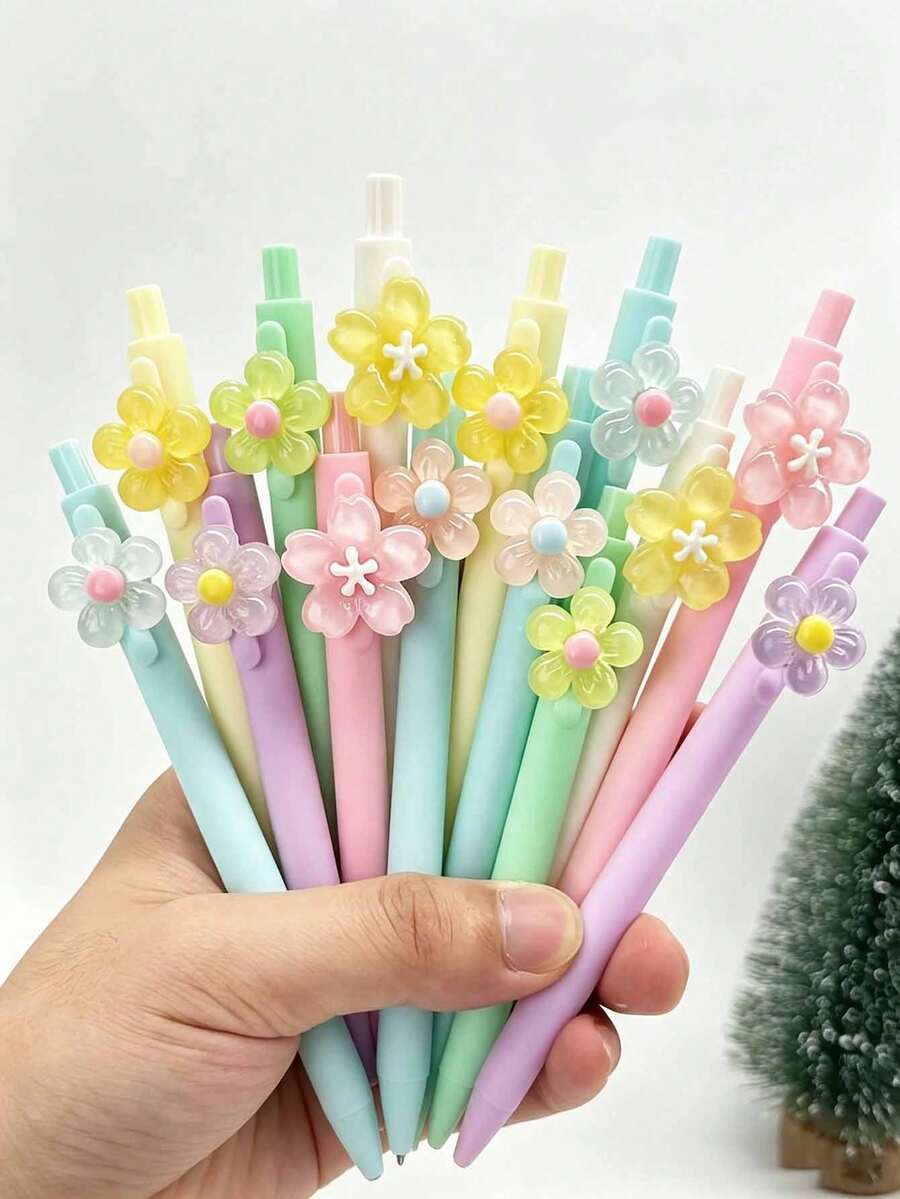 1/5pcs Macaron Multi-Color Transparent Floral Patch Neutral Pens, Highly Attractive Girl Floral Ballpoint Pens, Student Exam Practice Journal Writing Stationery, Back To School Gift For Friends - Five-petal Flower - View 1