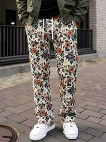 Men's Casual Straight Leg Fashion Vintage Floral Print Long Pants - Khaki - View 3