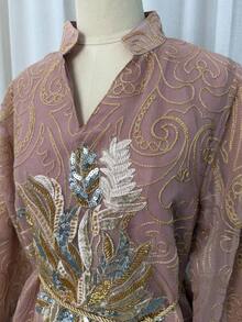女款亮片刺繡缺口領洋裝，優雅時尚長袖A字裙，適合派對婚禮賓客，女款伊斯蘭服飾，四季可穿 - 珊瑚粉 - 查看 8