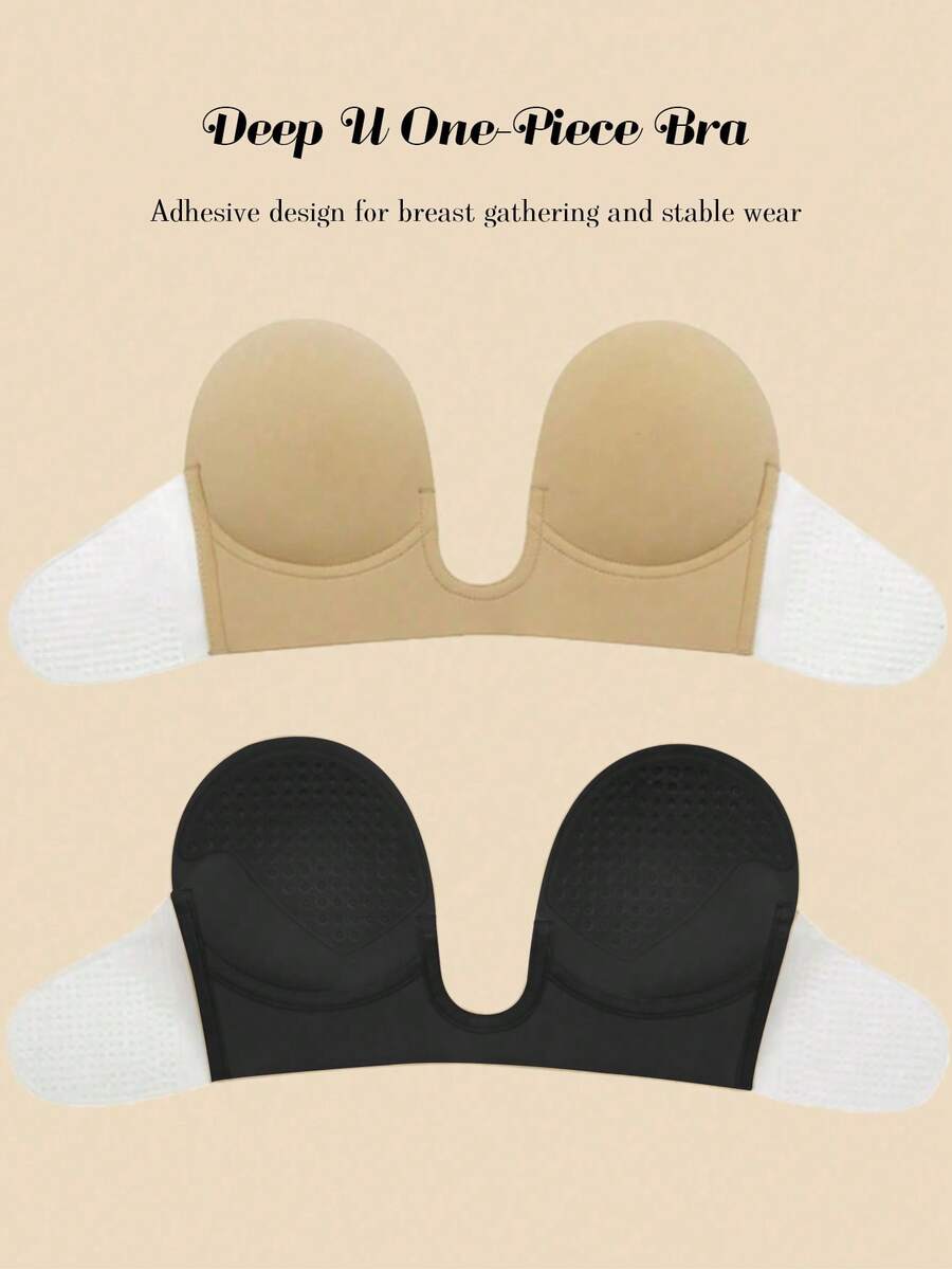 1 Conjunto de Sutiã Adesivo Invisível com Levantamento Sem Fio para Mulheres, 1 Peça Sutiã Adesivo em Formato de U Profundo + 10 Peças Almofadas Florais Descartáveis, Suporte de Seios Sem Costura, Adequado para Vestidos de Festa, Encontros, Viagens e Uso Casual - Multicolorido - Visão 1
