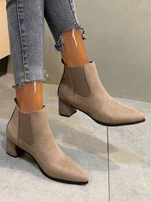 Women's Fashion Pointed Toe Khaki Boots, Chunky Heel, Versatile Winter Boots, Comfortable Ankle Boots, Run Small By Half Size,Boots For Women - Khaki - View 2