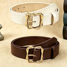 APLCSEY 2pcs Women's Black PU Leather Belts, Fashionable Casual Street Style Waist Belts Suitable For Daily Wear - Brown + White - View 4